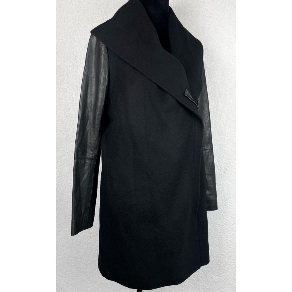 VINCE • Black Leather-Sleeve Shawl Collar Wool Trench Coat, XS - Picture 7 of 15